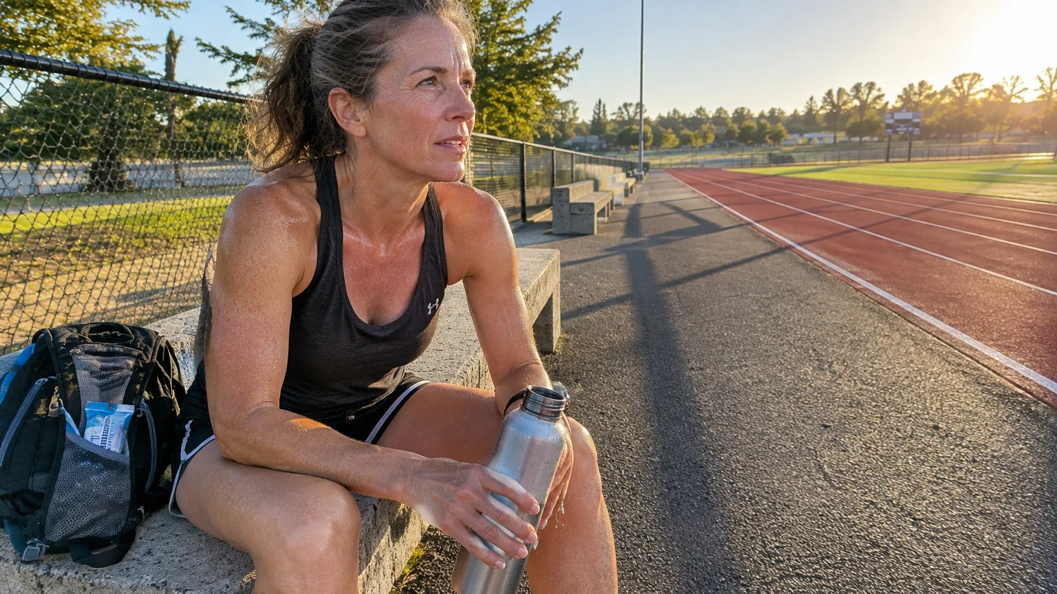 A sweaty woman in athletic wear sits on a bench beside an outdoor running track, holding a stainless steel water bottle.