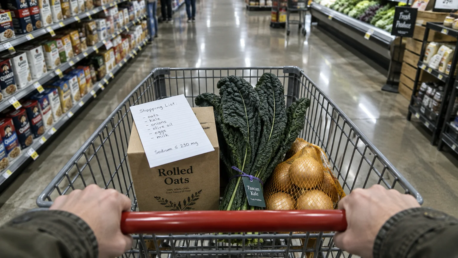 First-person view pushing a grocery cart holding rolled oats, Tuscan kale, onions, and a handwritten shopping list.