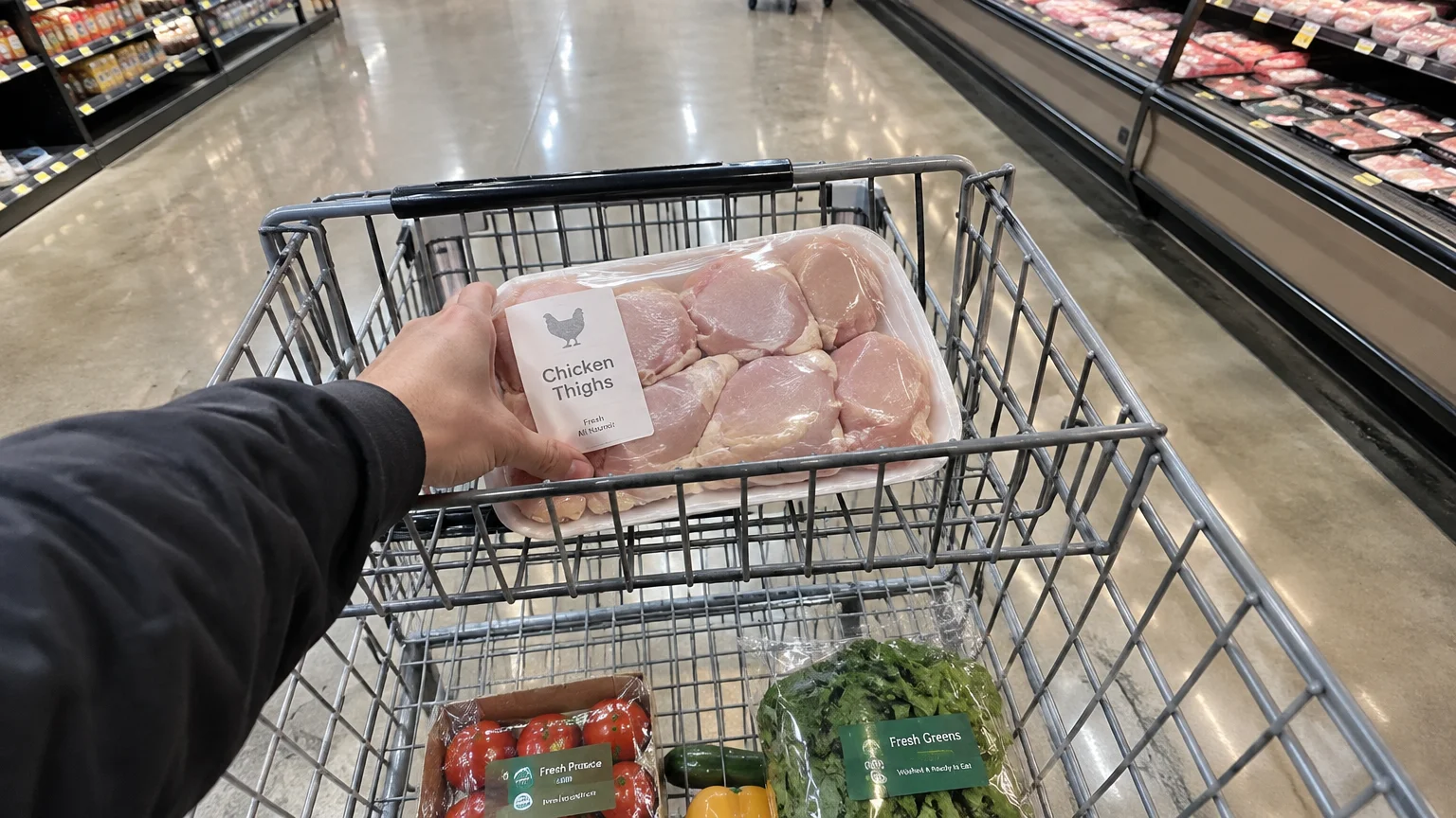 Person placing a plastic-wrapped package of raw chicken thighs into a grocery shopping cart.