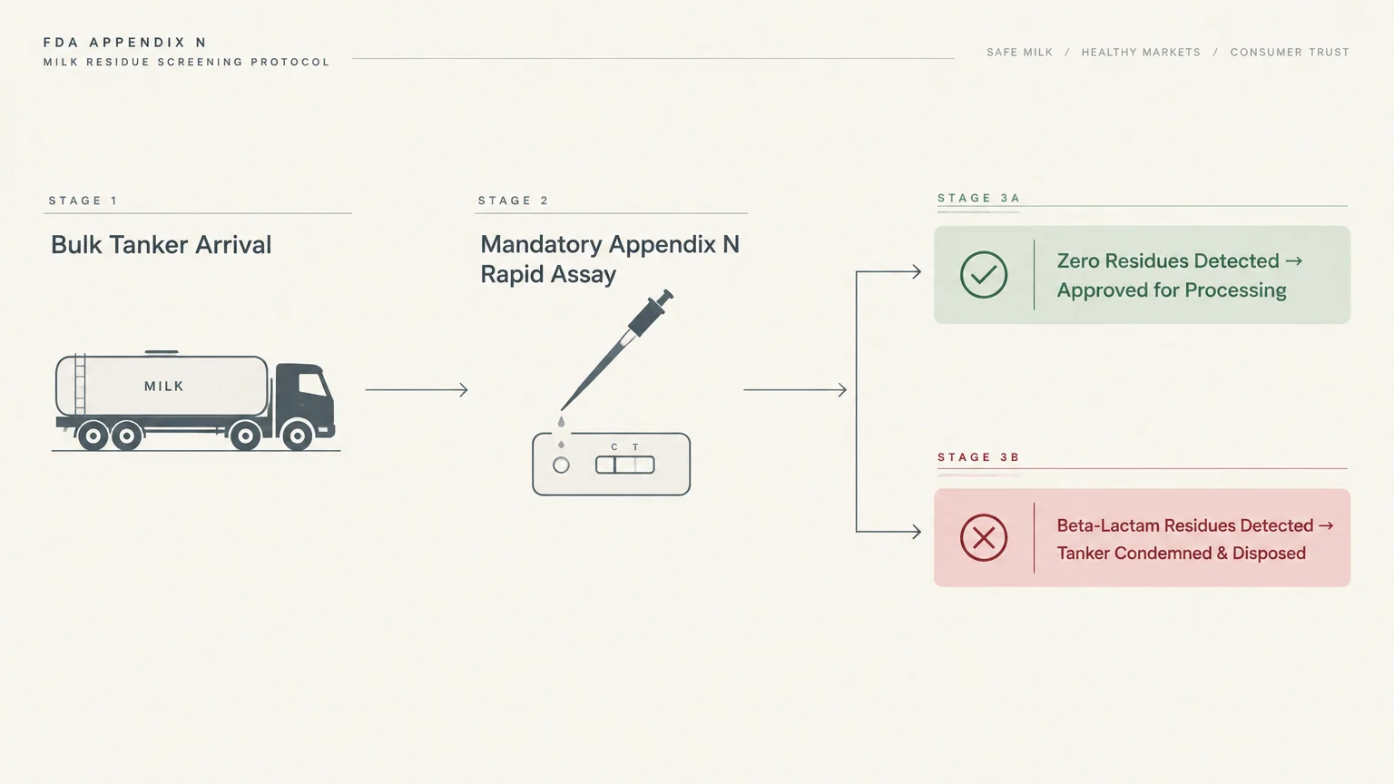 Diagram of milk screening stages from tanker arrival to rapid assay testing, leading to approved processing or disposal.