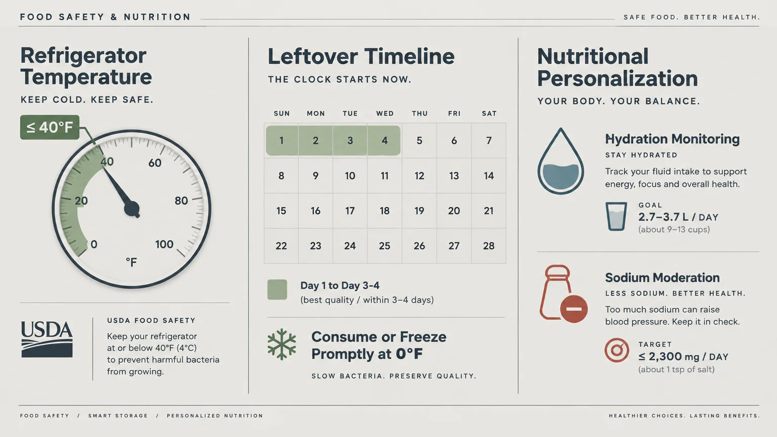 Diagram showing refrigerator temperature guide, a leftover timeline calendar, and daily hydration and sodium targets.