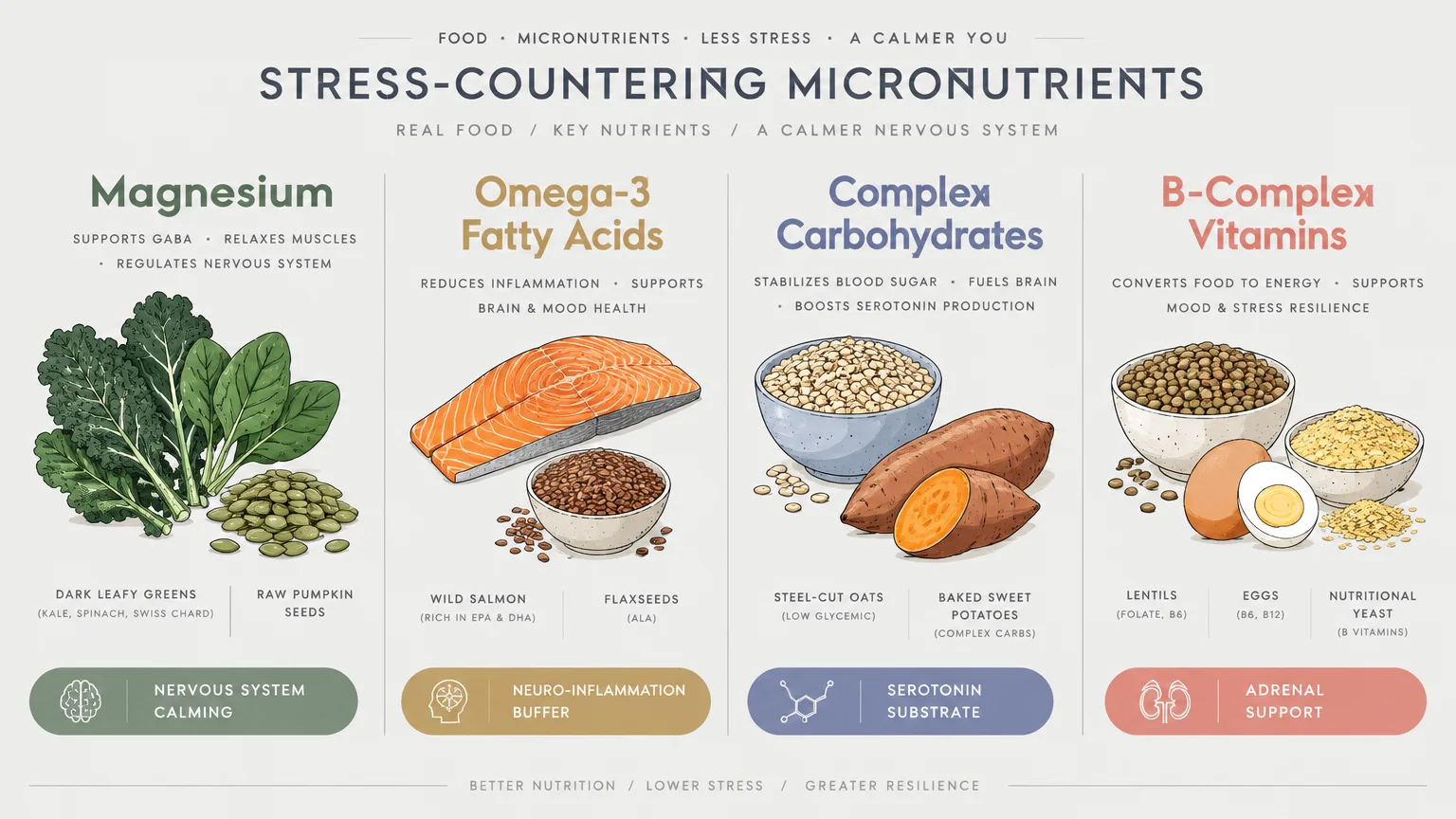 Chart of stress-countering micronutrients showing magnesium, omega-3, complex carbs, and B vitamins alongside food sources.