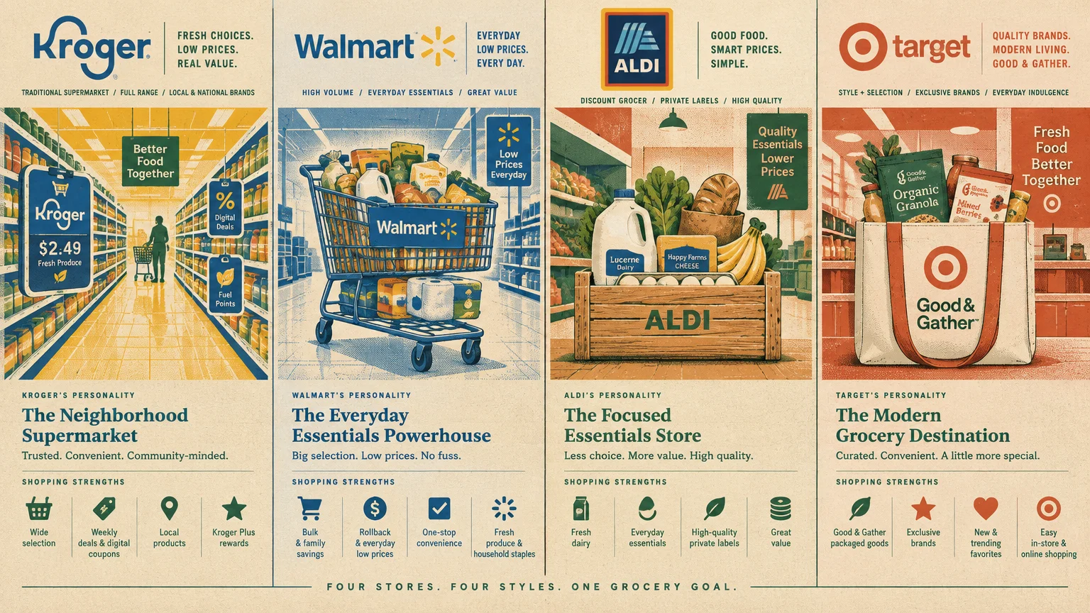 Four-panel infographic comparing Kroger, Walmart, Aldi, and Target grocery shopping strengths and brand personalities.