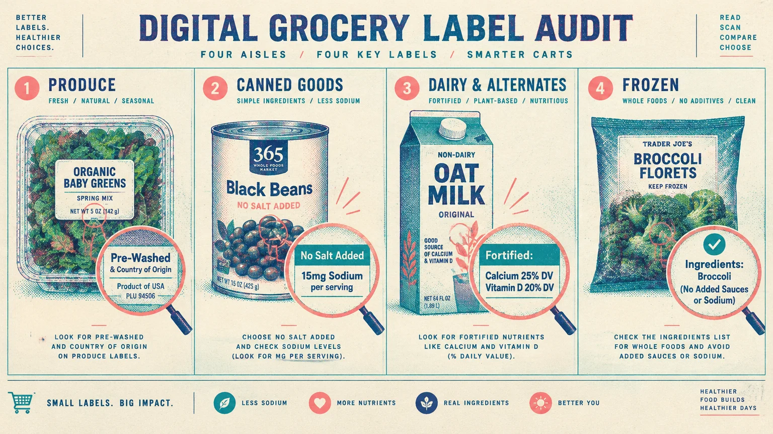 Infographic showing four grocery items—greens, black beans, oat milk, and broccoli—with magnifying glasses highlighting label details.