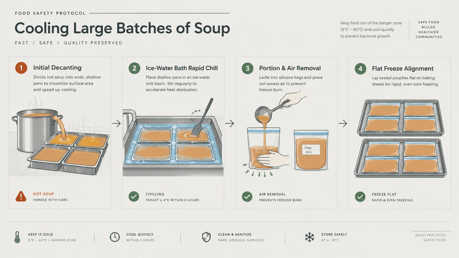 Four-step diagram showing decanting soup into shallow pans, an ice-water bath chill, bagging, and flat freezing on trays.