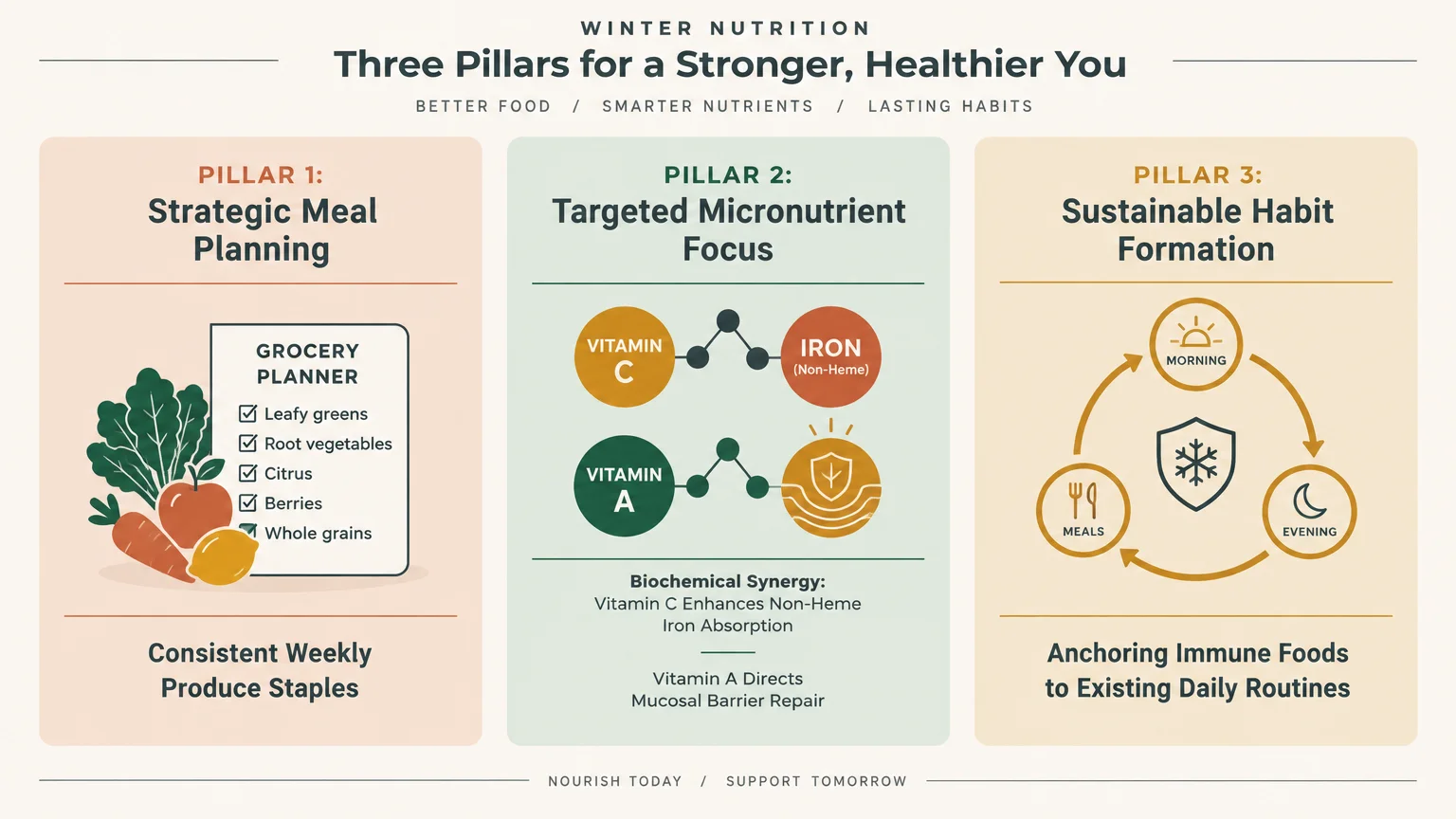 Diagram outlining three winter nutrition pillars: strategic meal planning, micronutrient focus, and sustainable habits.