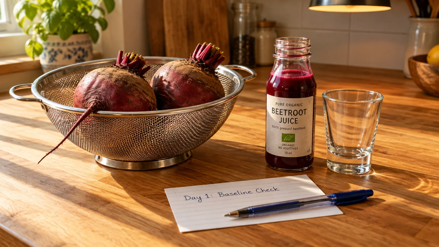 Fresh beets in a colander, a bottle of beetroot juice, a small glass, and a note reading Day 1: Baseline Check with a pen.