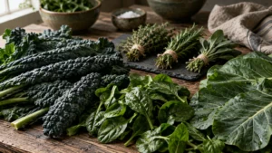 Fresh lacinato kale, baby spinach, collard greens, and tied bundles of culinary herbs arranged on a rustic wooden table.
