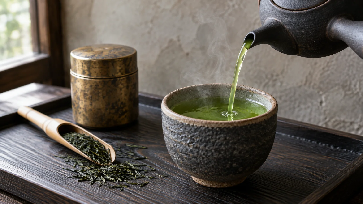 Steaming green tea pouring from a teapot into a ceramic cup beside loose green tea leaves on a wooden tray.
