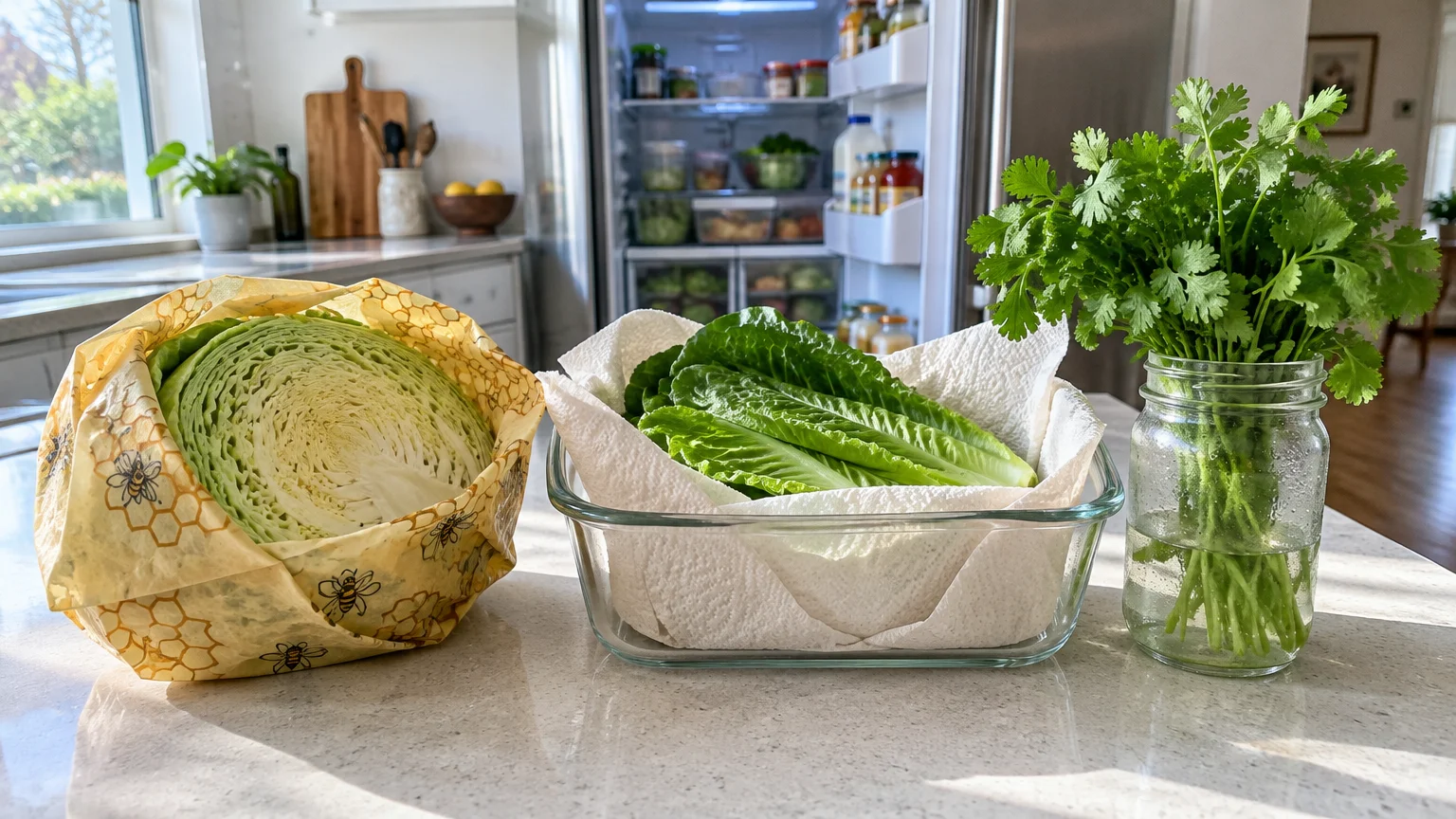 Half a cabbage in beeswax wrap, romaine lettuce in a glass dish with paper towels, and cilantro in a jar on a counter.