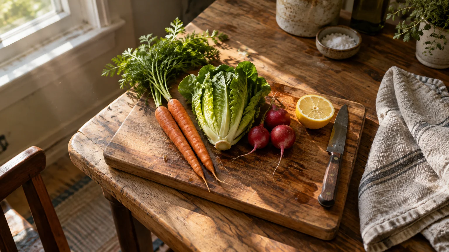 Fresh carrots, lettuce, radishes, a halved lemon, and a knife on a wooden cutting board upon a rustic kitchen table.