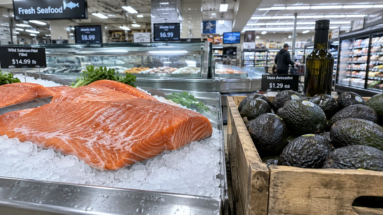 Fresh salmon fillets displayed on crushed ice next to a wooden crate of avocados and an olive oil bottle in a grocery store.