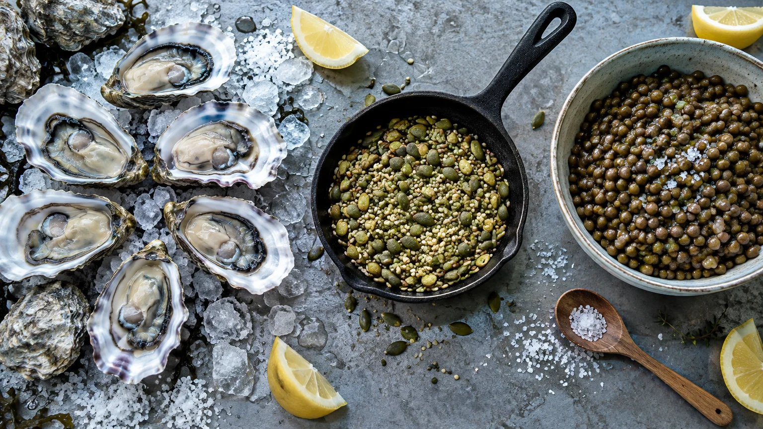 Fresh raw oysters on ice, a skillet of pumpkin seeds, and a bowl of lentils served with lemon wedges and coarse salt.
