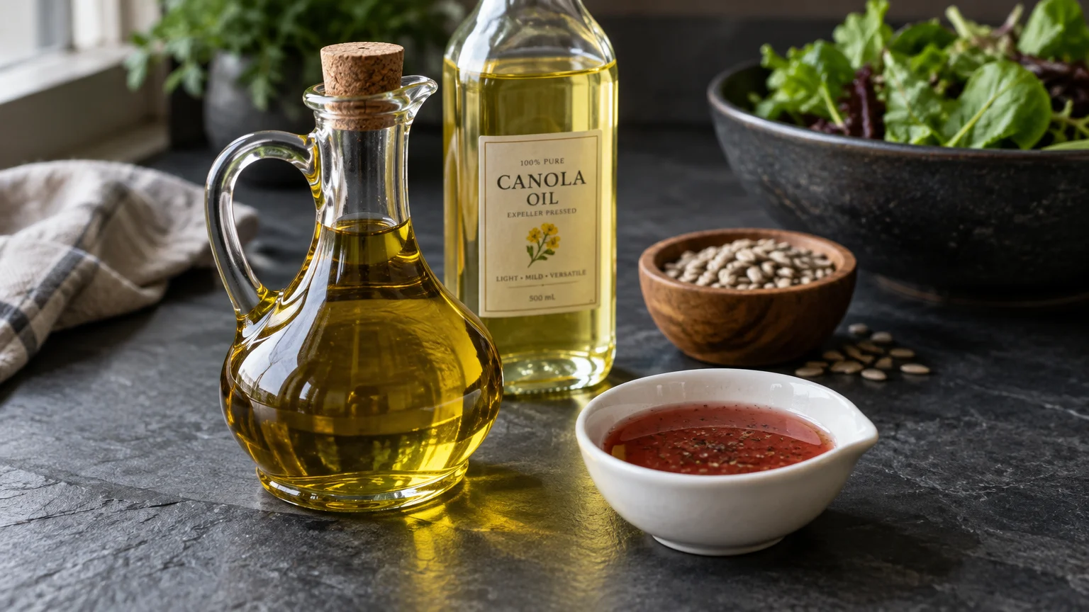 Glass bottle of canola oil and an oil cruet next to a small bowl of dressing, seeds, and salad greens on a dark counter.