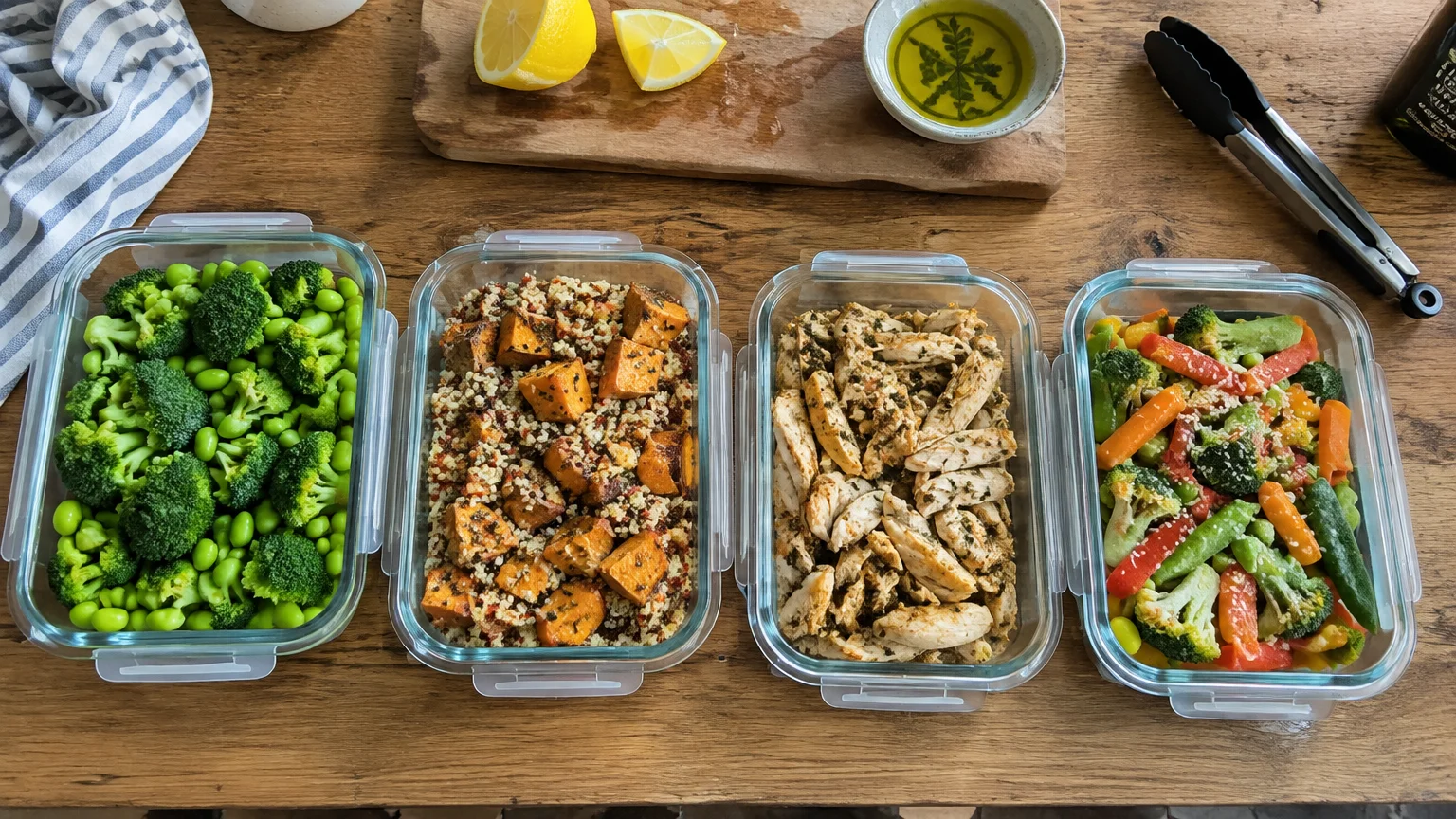 Four glass meal prep containers filled with broccoli, edamame, sweet potatoes, quinoa, cooked chicken, and mixed vegetables.