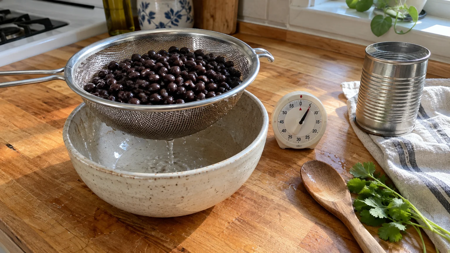 Black beans draining in a mesh strainer over a ceramic bowl next to a kitchen timer and an empty tin can.