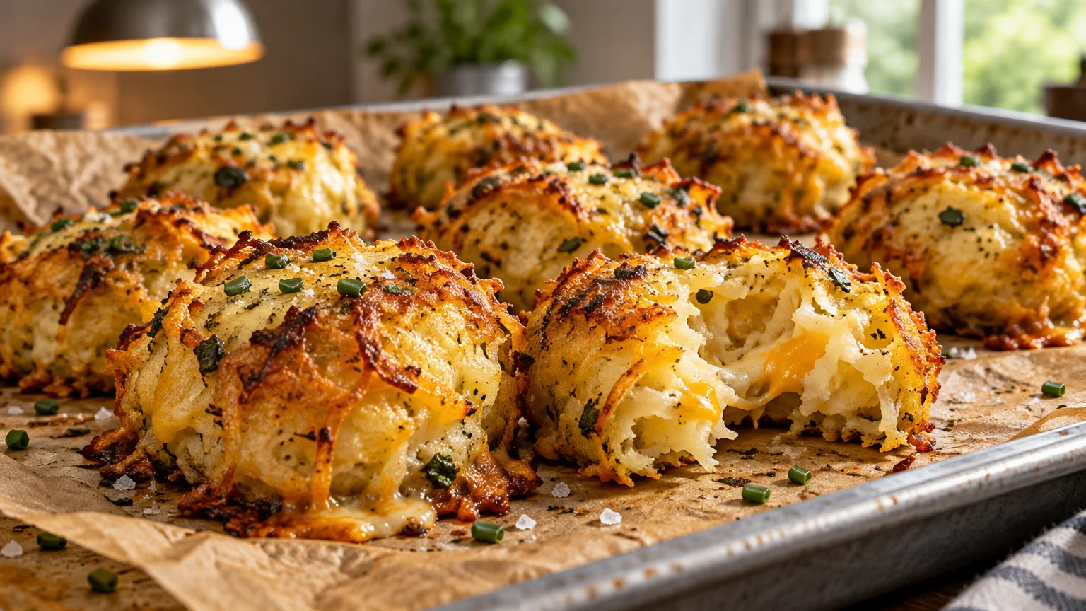 Golden-brown baked potato bites filled with melted cheese and topped with chives on a parchment-lined baking sheet.