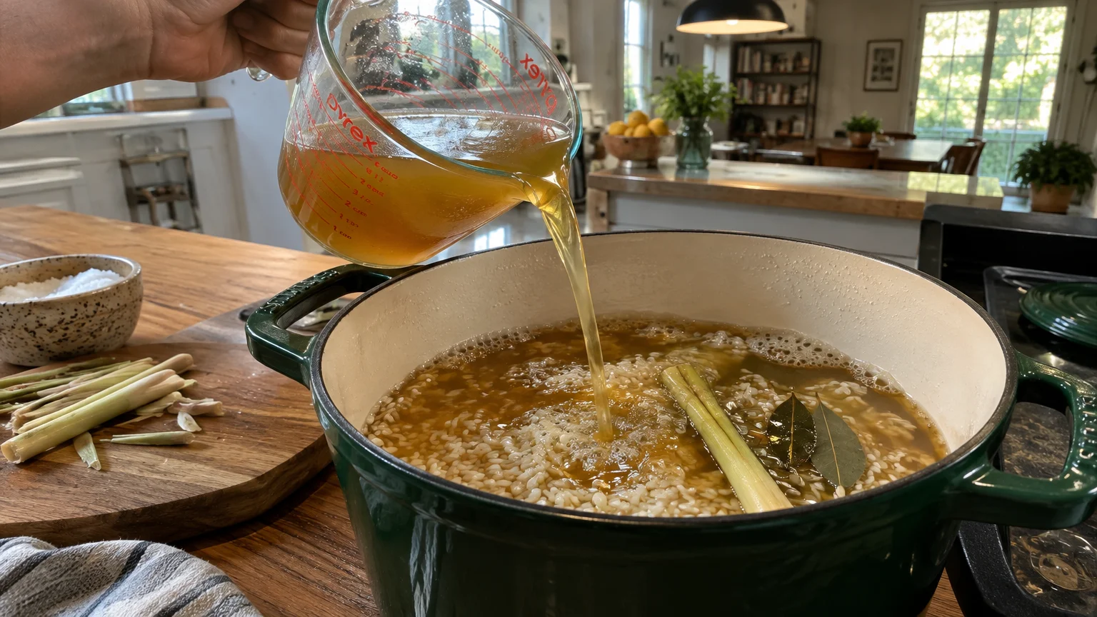 Broth pouring from a glass measuring cup into a green pot filled with uncooked rice, lemongrass stalks, and bay leaves.