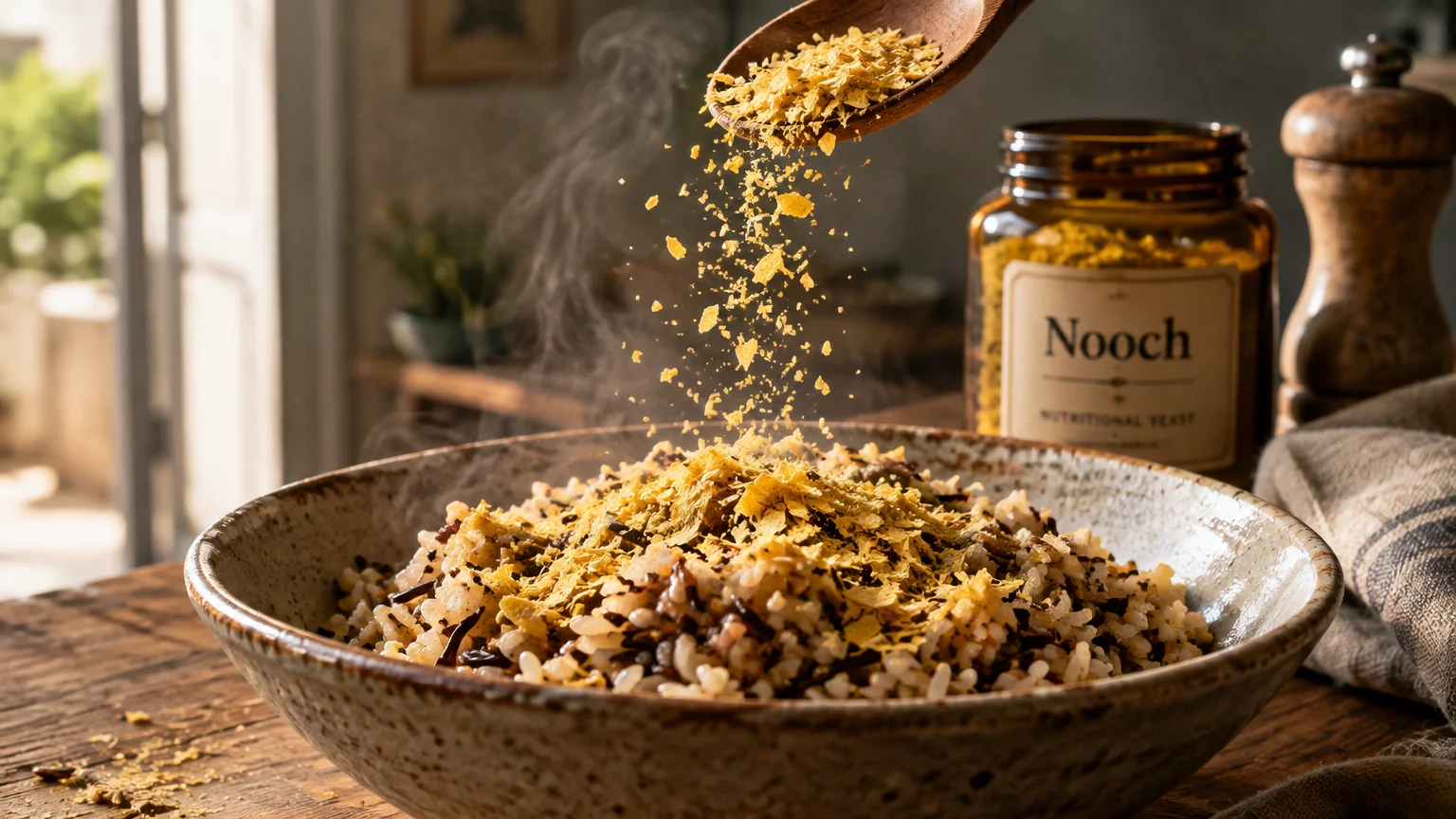 Yellow nutritional yeast flakes falling from a wooden spoon onto a steaming bowl of rice beside a jar labeled Nooch.