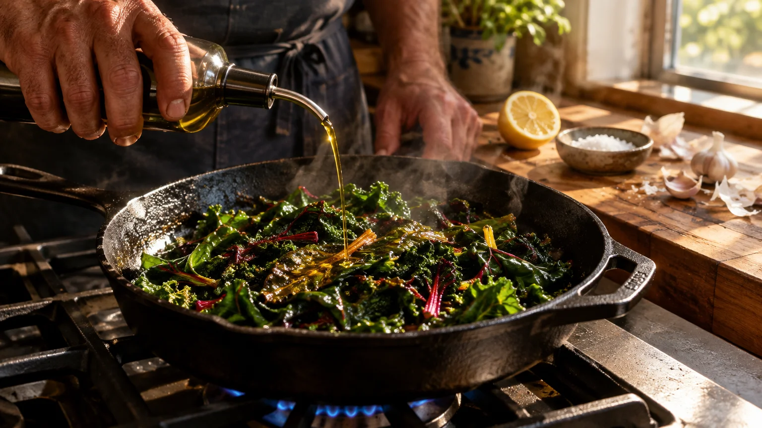 A chef pours olive oil from a bottle into a cast iron skillet filled with sautéing leafy greens on a gas stove.