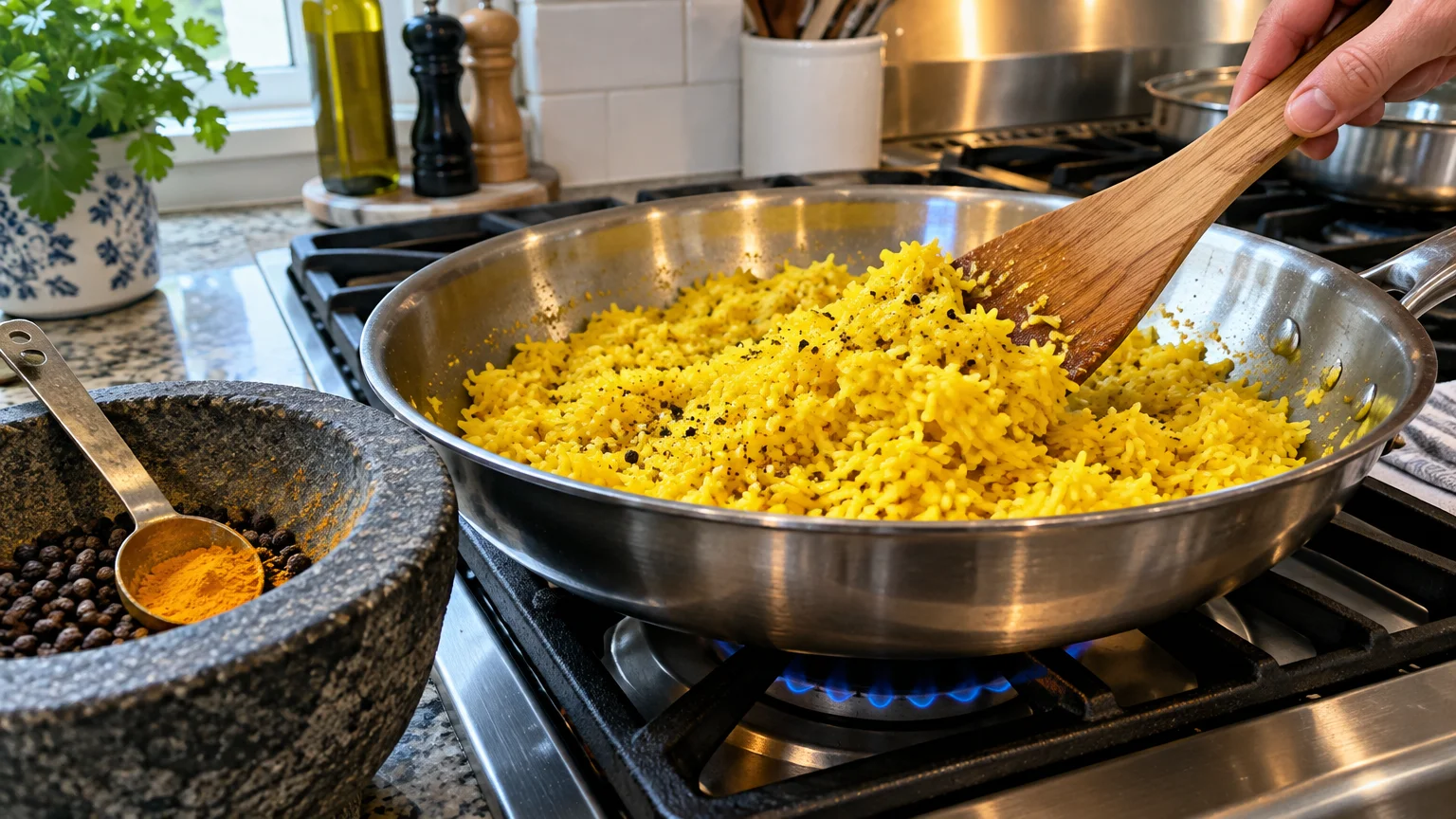 A wooden spatula stirs bright yellow rice seasoned with black pepper in a stainless steel skillet on a gas stovetop.