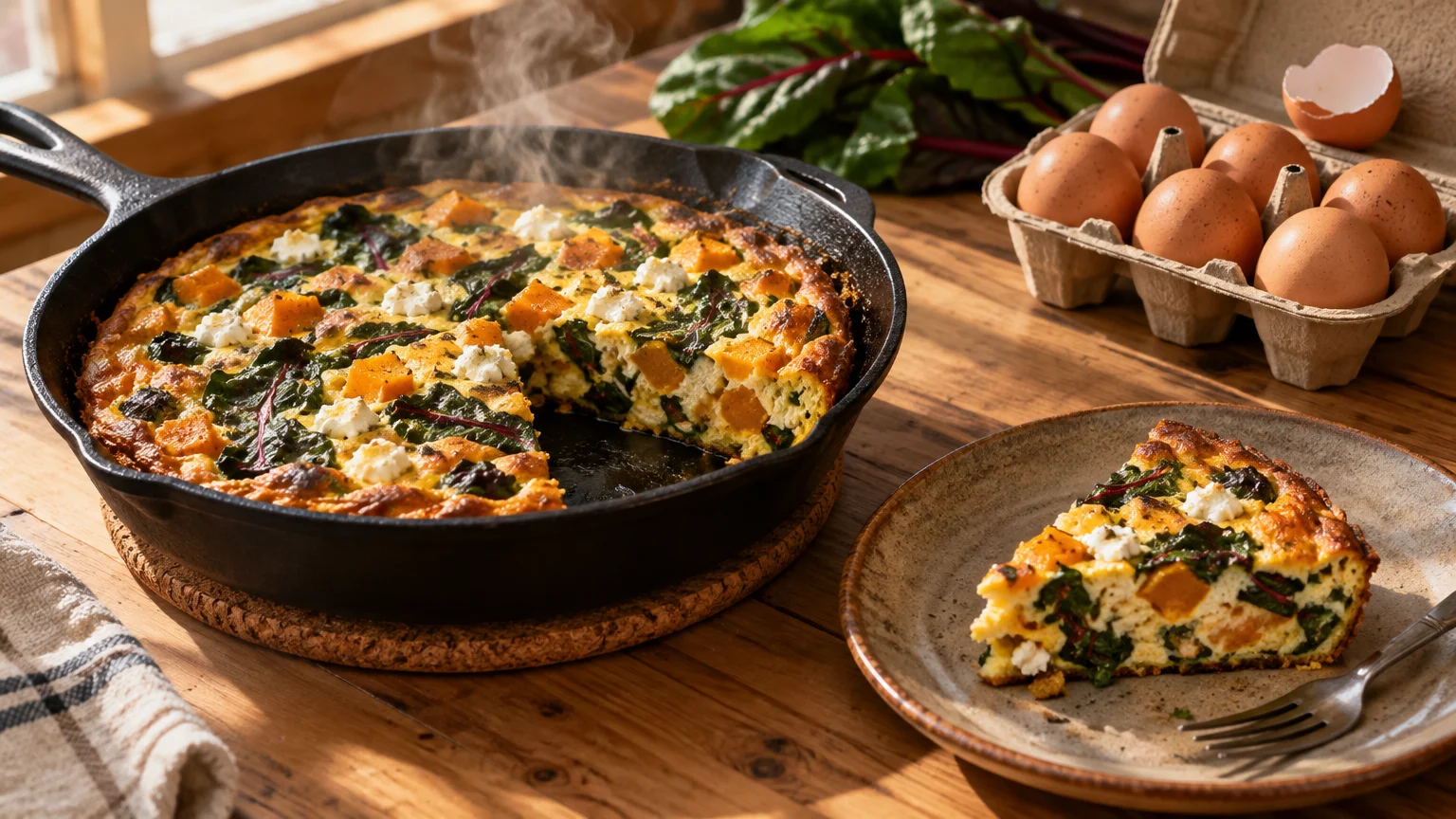 Steaming frittata in a cast-iron skillet beside a plated slice and an open carton of brown eggs on a wooden table.