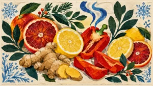 Gouache and paper collage of sliced blood oranges, lemons, ginger root, and red bell peppers framed by green leaves.
