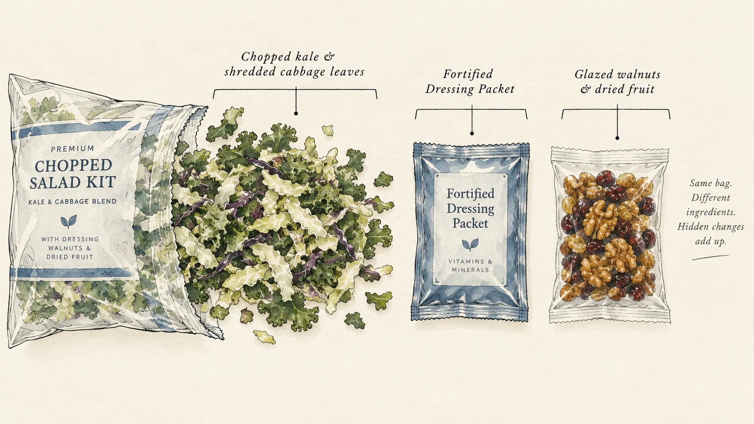 Illustration deconstructing a chopped salad kit with bagged greens spilling out, a dressing packet, and glazed walnuts.