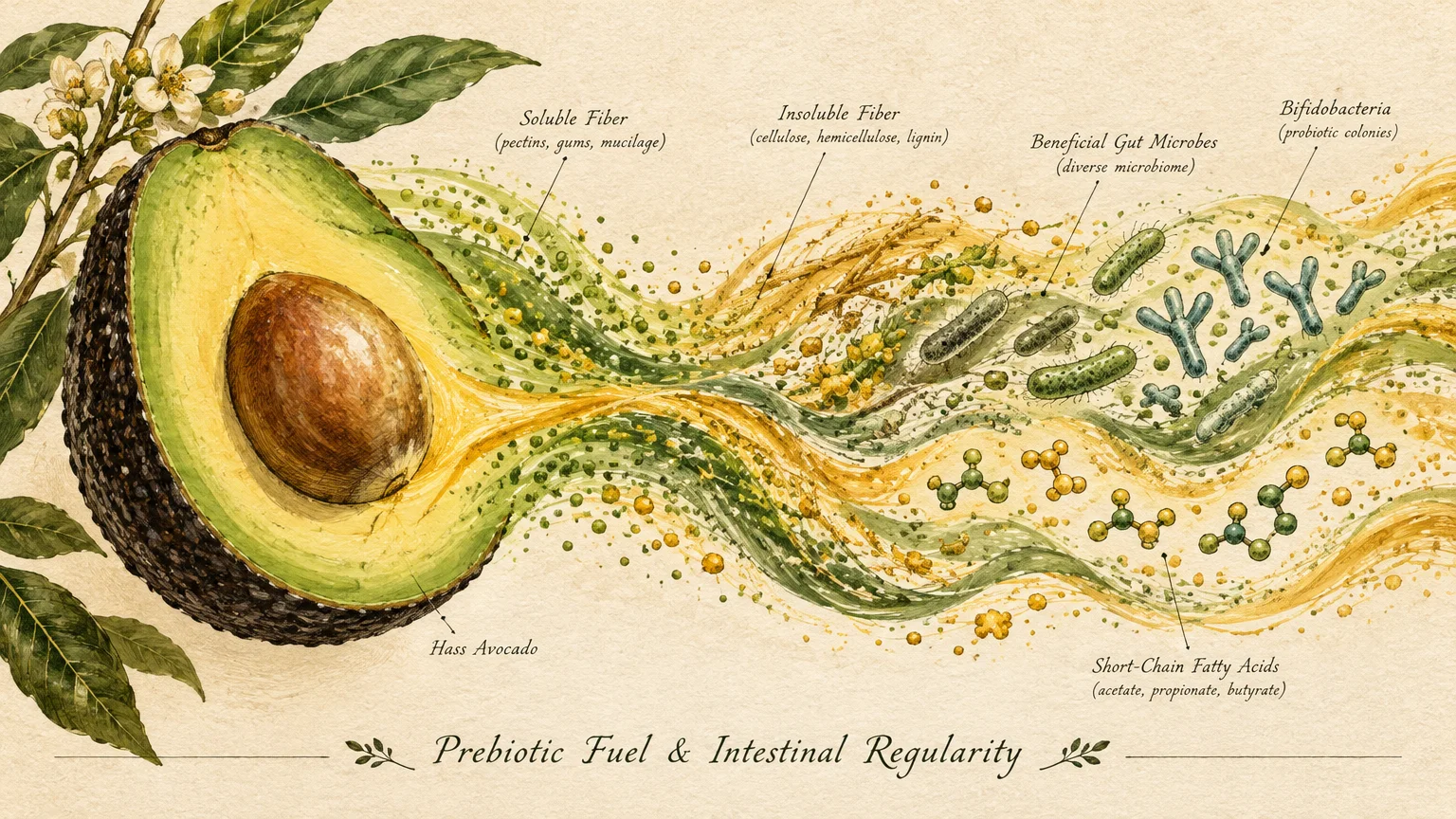 Botanical illustration of a sliced avocado flowing into labeled streams of fiber particles, gut microbes, and molecules.