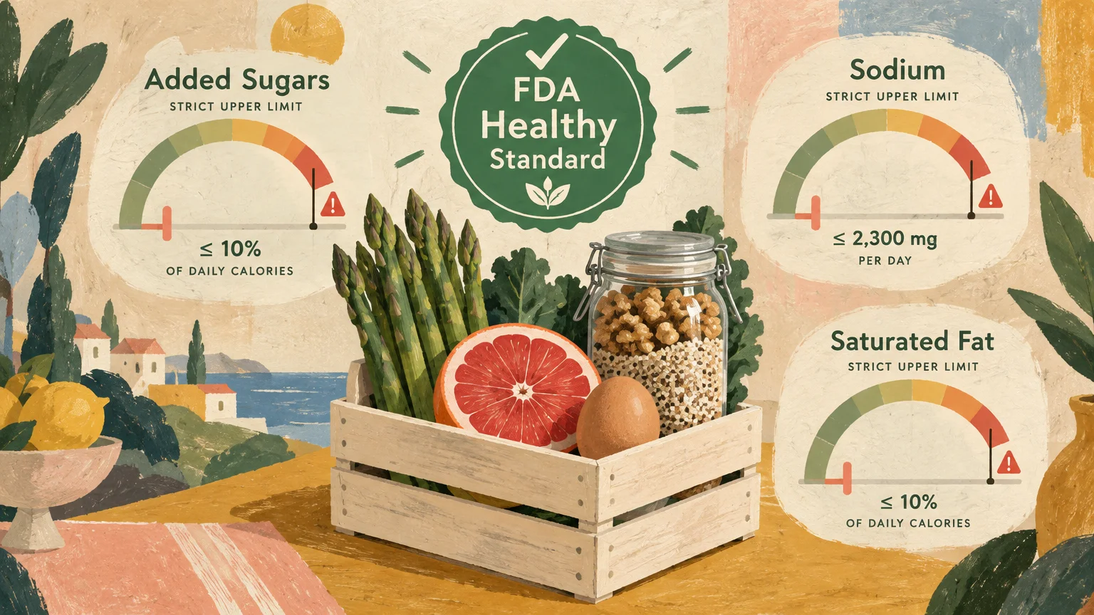 Crate of produce and grains surrounded by an FDA Healthy Standard badge and nutrient limit gauge graphics.