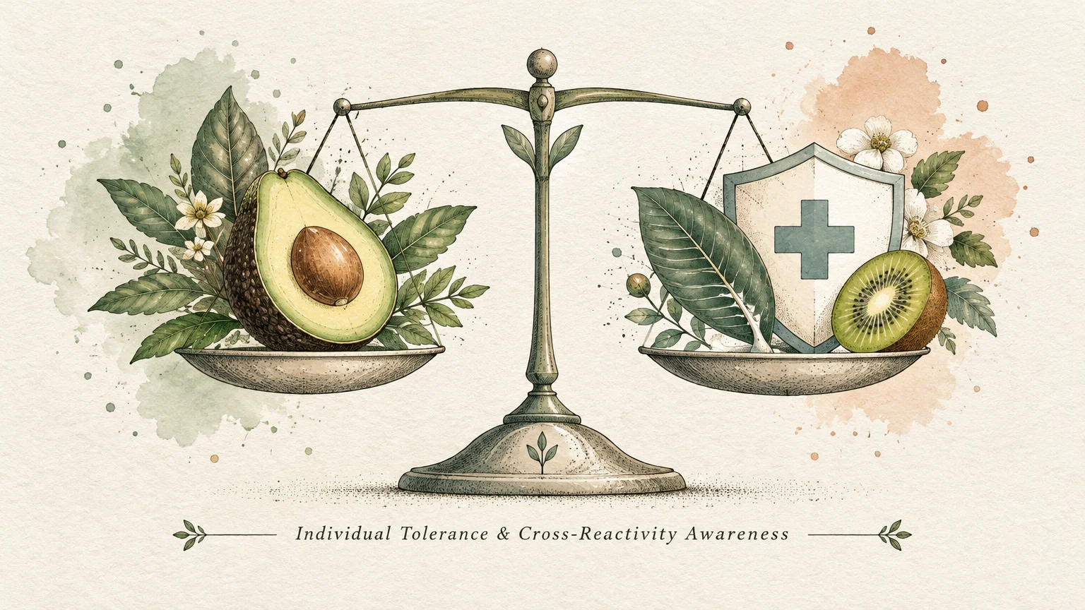 Illustration of balance scales holding an avocado half on one side, and a kiwi, leaf, and medical shield on the other.