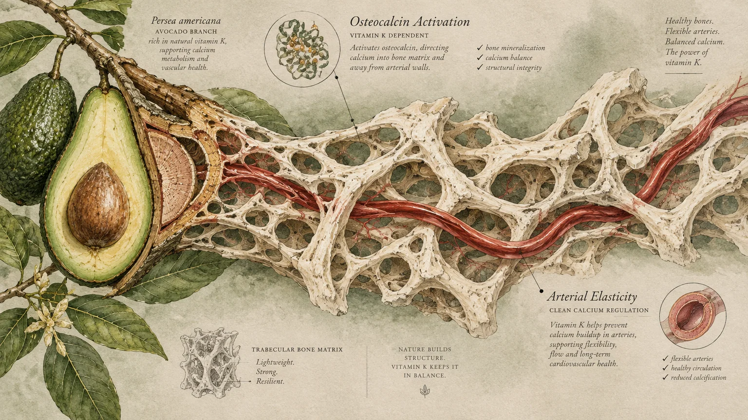 Illustration of an avocado branch merging into porous trabecular bone structure interwoven with a red artery.