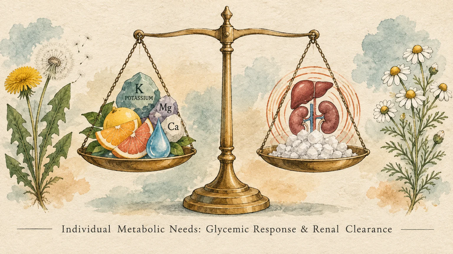 Balance scale holding citrus and minerals on one tray, and anatomical kidneys with sugar cubes on the other.