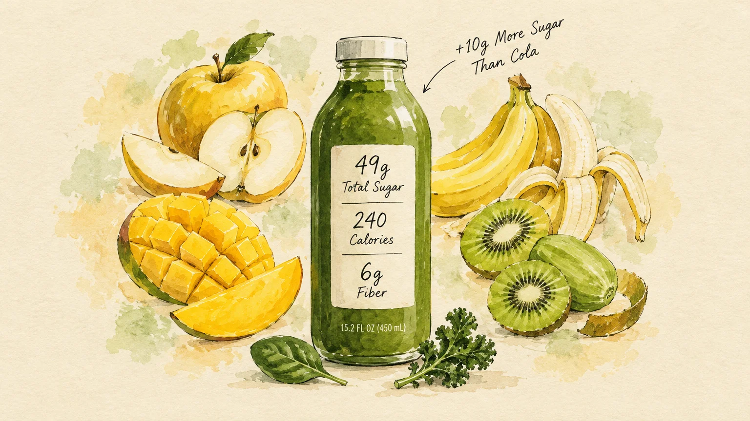Watercolor illustration of a bottled green juice labeled with sugar counts, surrounded by apples, bananas, mango, and kiwi.