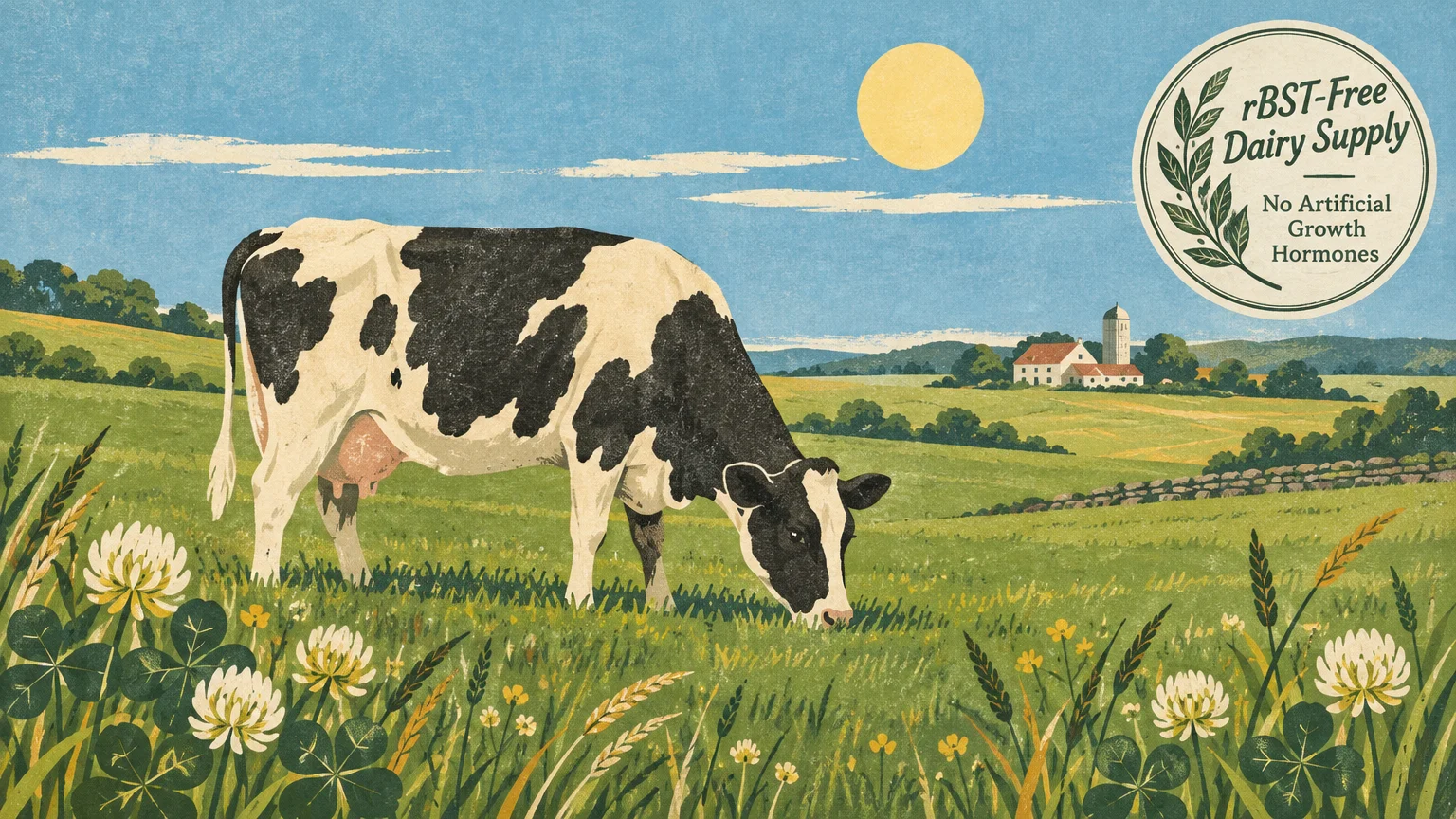 Gouache painting of a black and white cow grazing in a meadow, with a farmstead and rBST-free seal in the background.