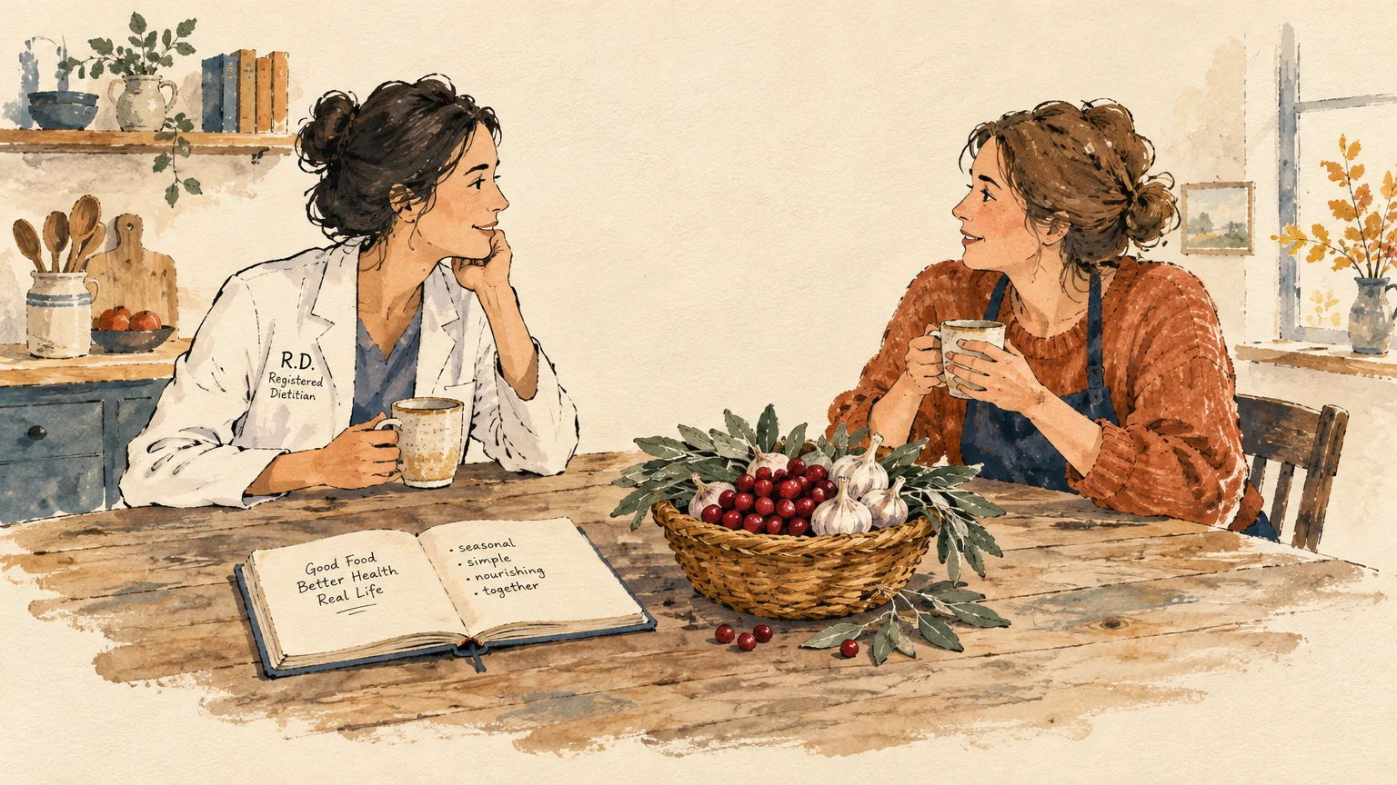A registered dietitian in a lab coat and a woman in a sweater sit at a rustic table talking over cups of tea.