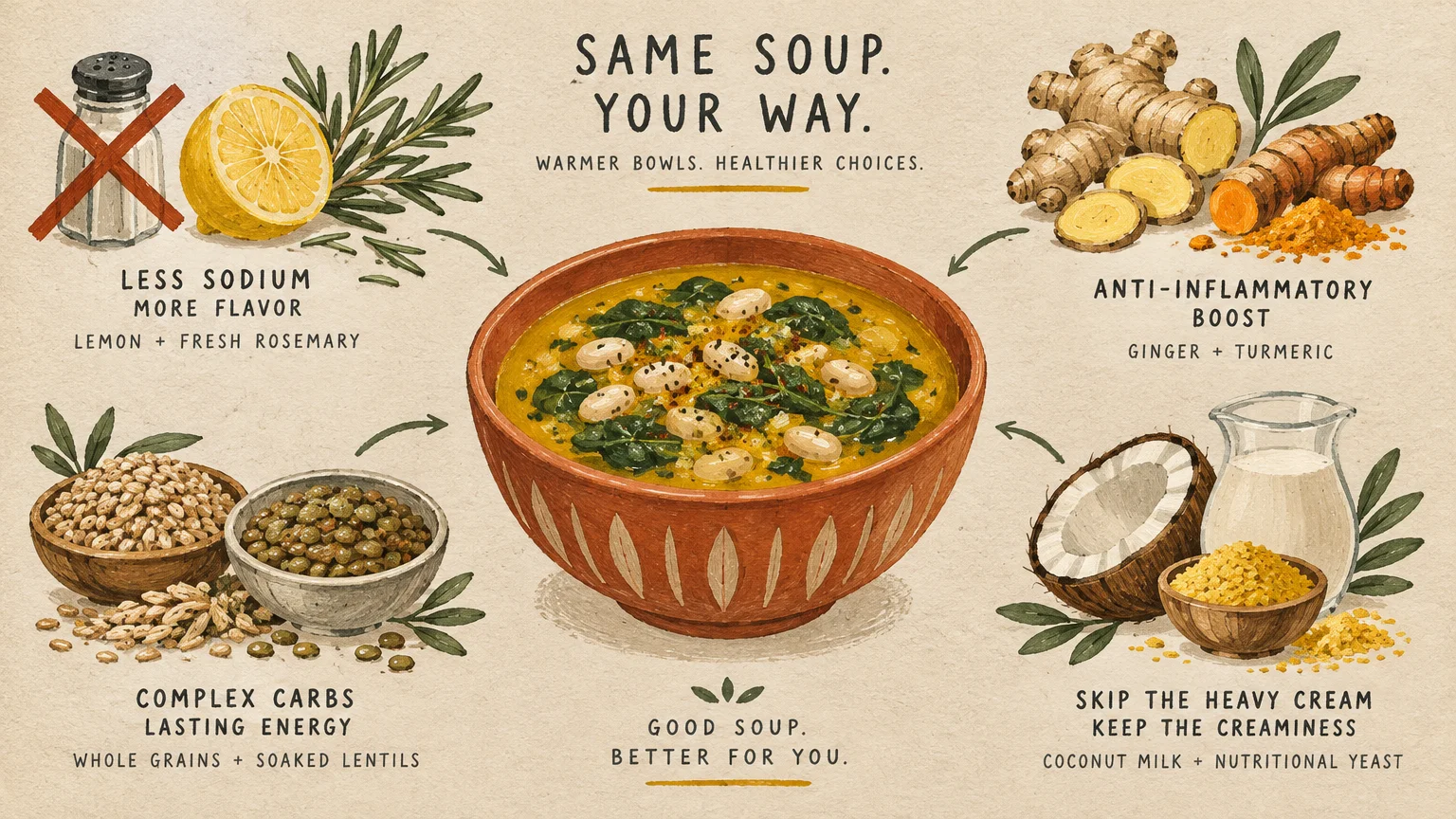 Illustrated soup infographic with a central bowl surrounded by healthy ingredient swaps like lemon, ginger, and coconut milk.
