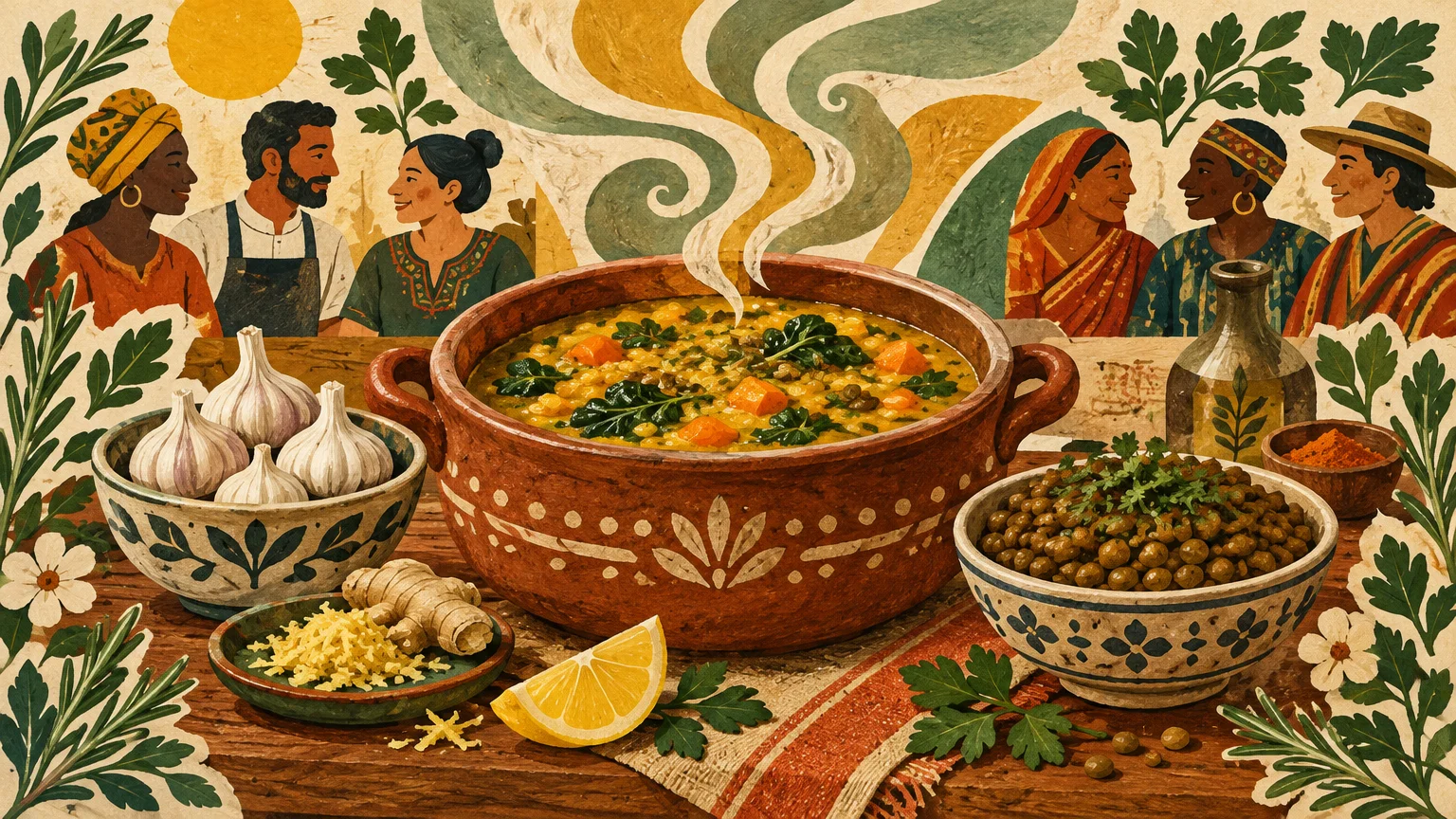 Collage illustration of a steaming stew pot, garlic, ginger, lentils, and diverse people gathered in the background.