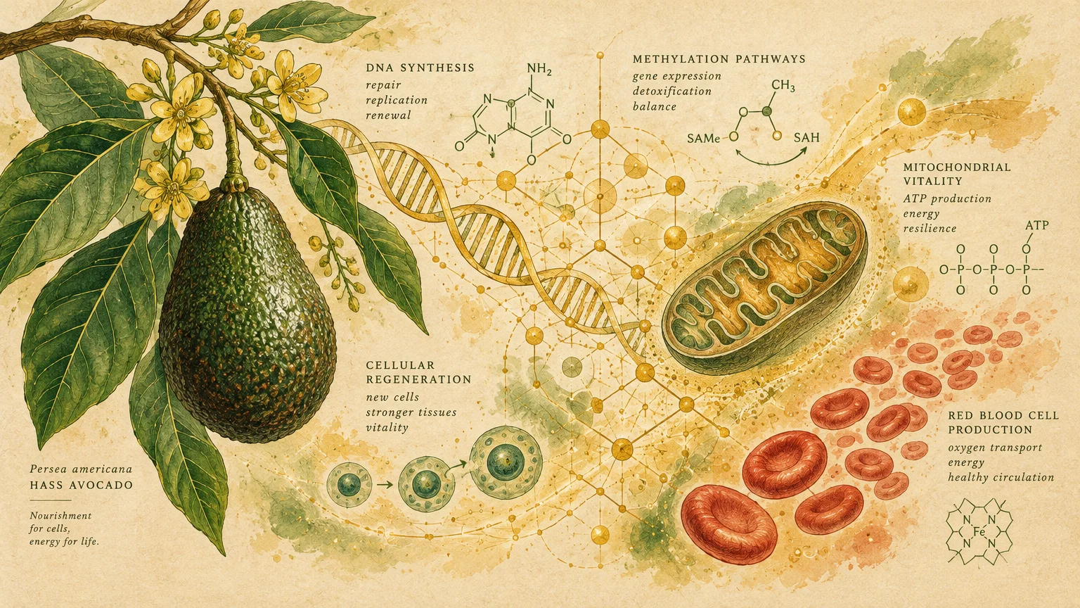 Botanical illustration of an avocado branch alongside biological diagrams of DNA, a mitochondrion, and red blood cells.