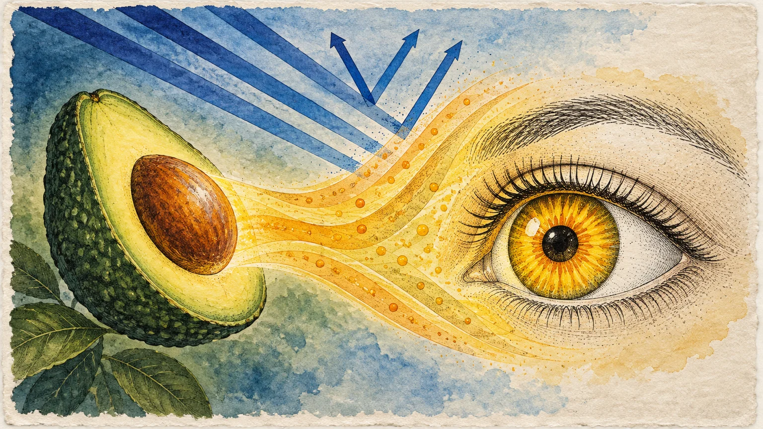 Illustration of an avocado sending golden light toward an eye, deflecting incoming blue light rays above.