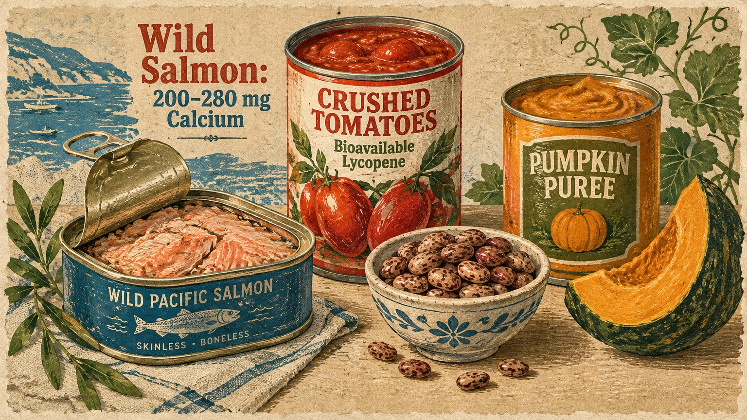 Vintage illustration of canned wild pacific salmon, crushed tomatoes, pumpkin puree, pinto beans, and a squash slice.