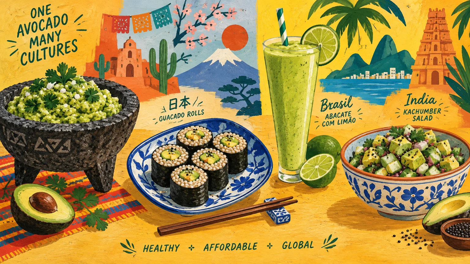 Avocado dishes from around the world including guacamole, sushi rolls, a green smoothie, and chopped avocado salad.
