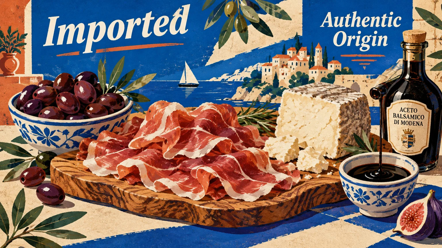 Illustration of cured ham, cheese, balsamic vinegar, and olives on a table with a Mediterranean coastal town behind.