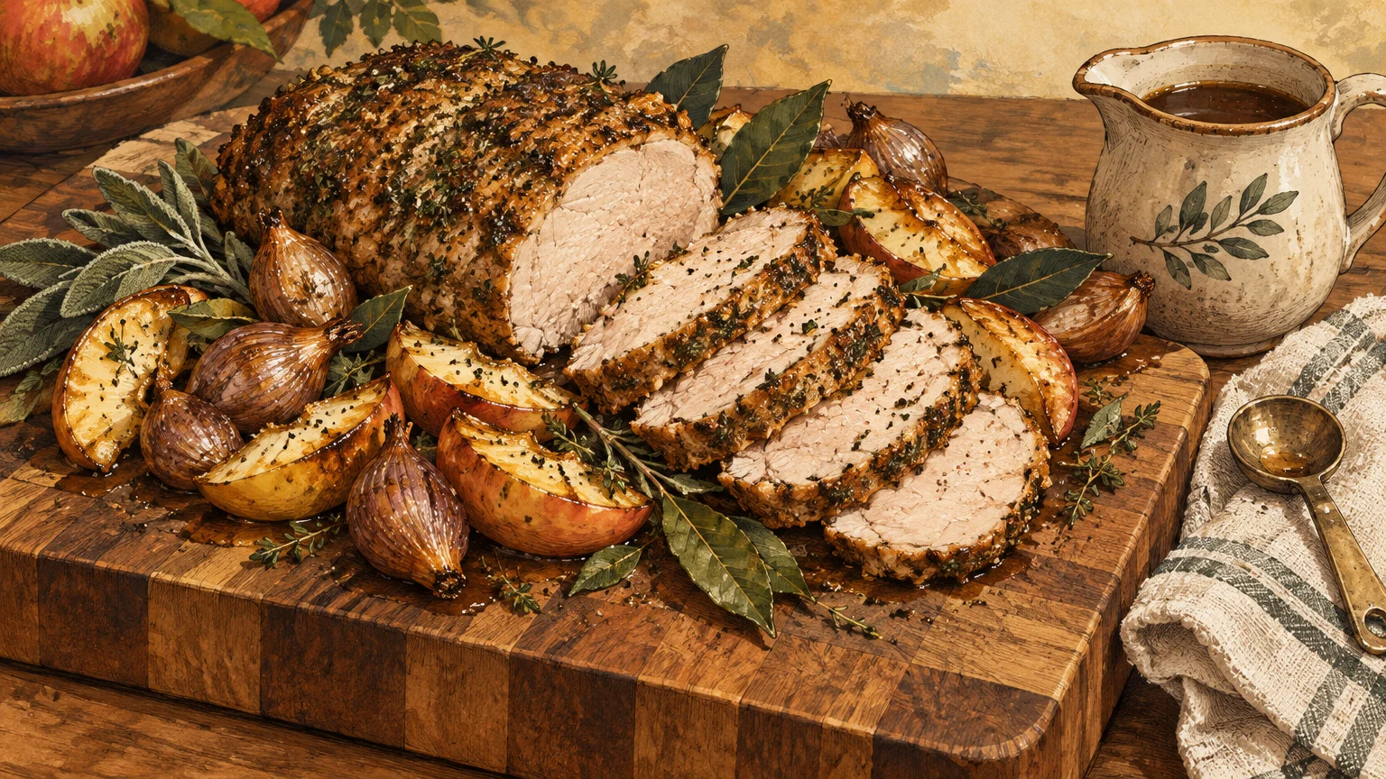 Sliced herb-crusted pork roast on a wooden board with roasted apples, shallots, sage, and a gravy pitcher.