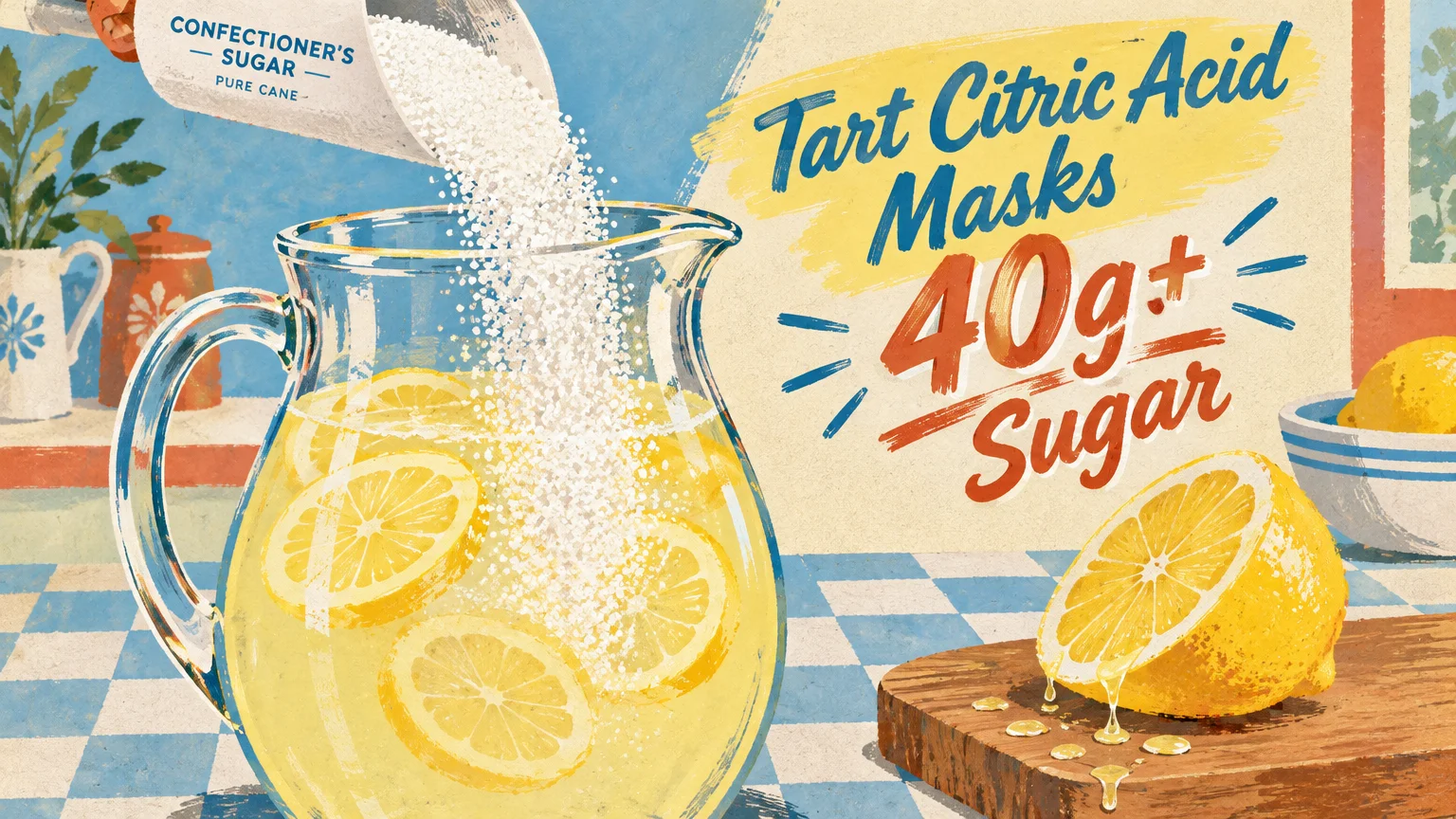 Illustration of a scoop pouring white sugar into a glass pitcher of lemonade with sliced lemons on a checkered tablecloth.