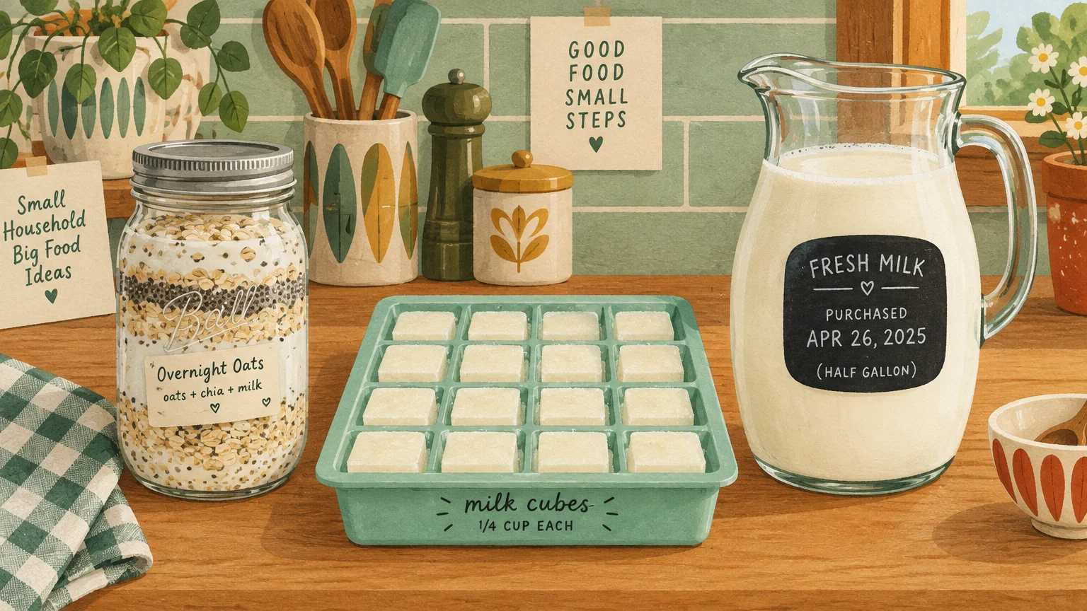 Gouache illustration of overnight oats in a jar, frozen milk cubes in a tray, and a pitcher of fresh milk on a kitchen counter.