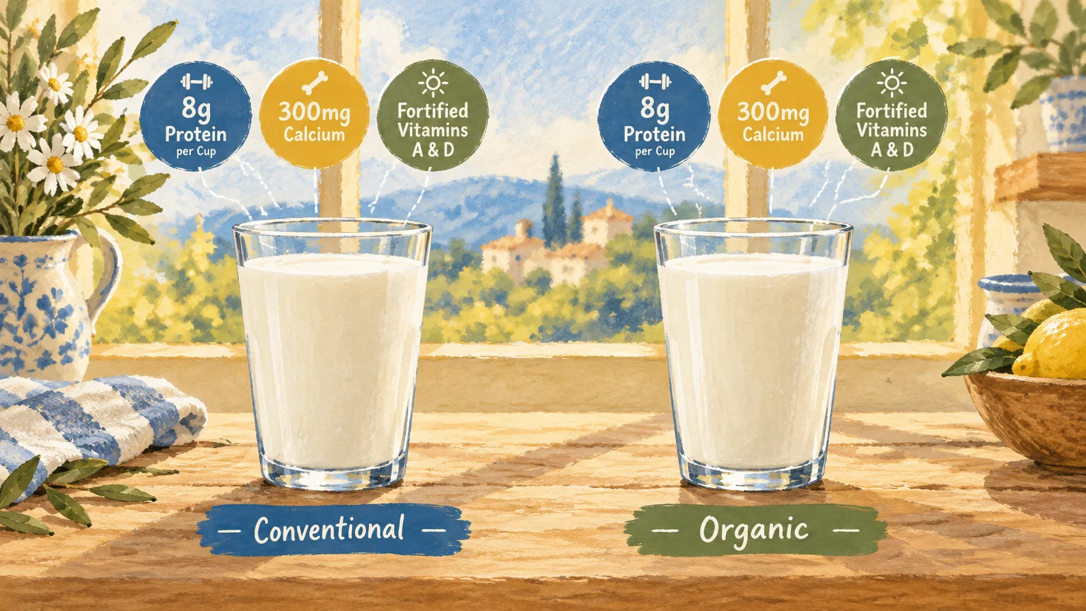 Gouache illustration of two glasses of milk labeled Conventional and Organic on a sunny windowsill, with nutrition badges.