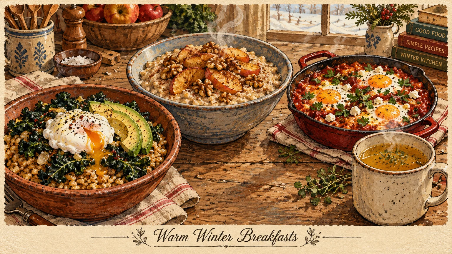Illustration of warm breakfast dishes including grain bowls, oatmeal with apples, shakshuka, and broth on a wooden table.