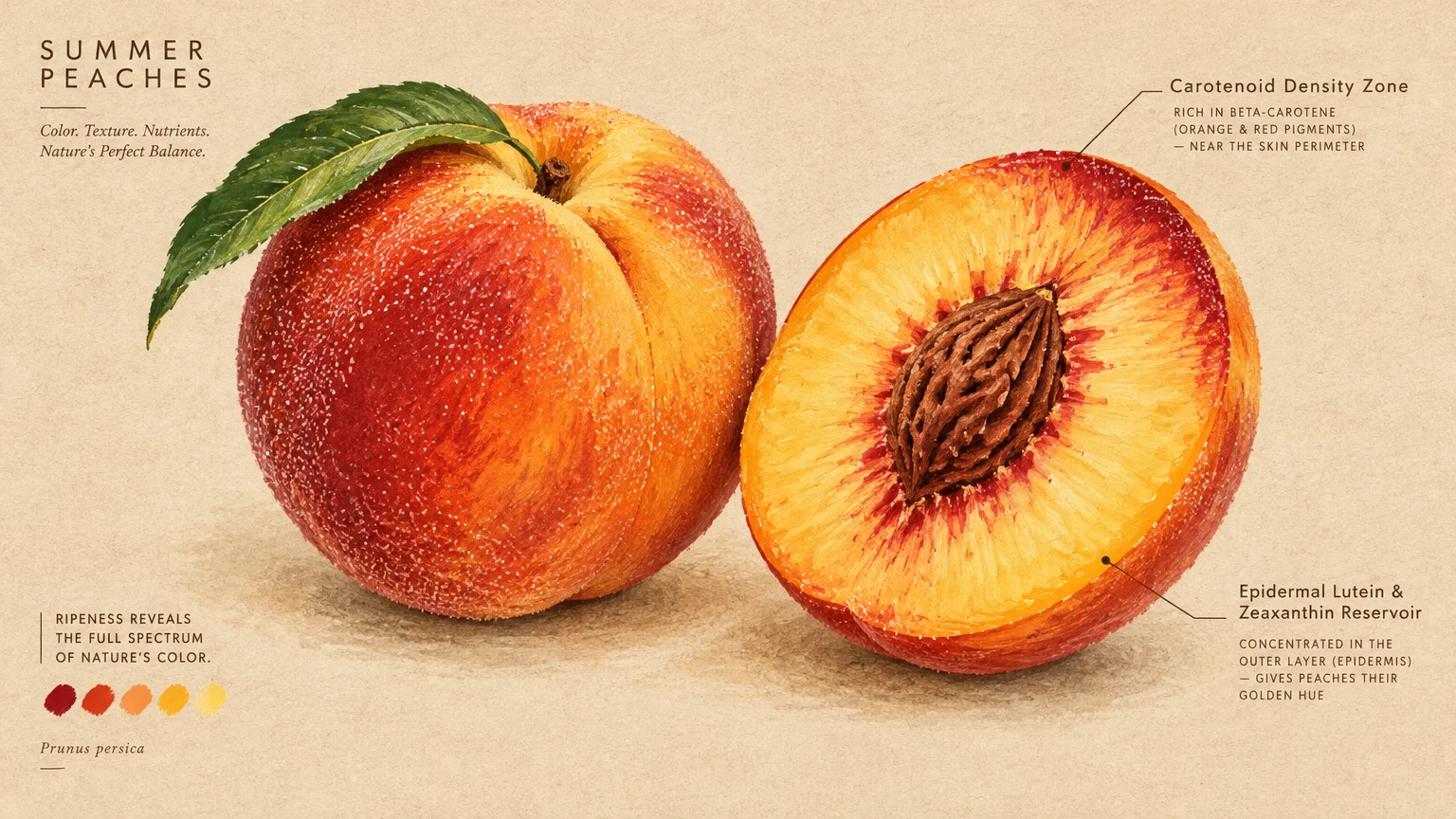 Illustration of a whole peach and a halved peach displaying the pit, with diagrams pointing to carotenoid density zones.