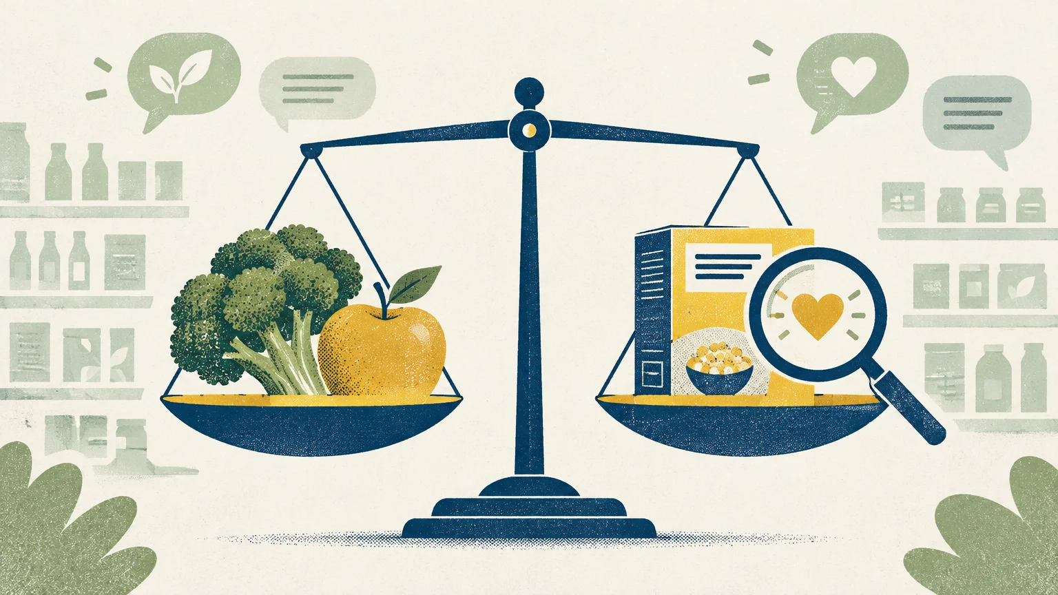 Screenprint illustration of a balance scale holding fresh produce on one side and a cereal box examined by a magnifier.